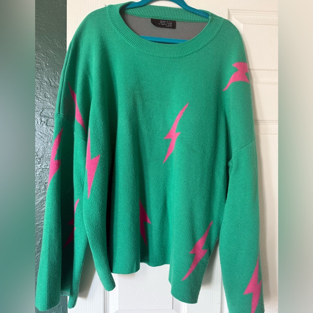 Dressed in LALA Green and Pink Crew Neck Sweater Set